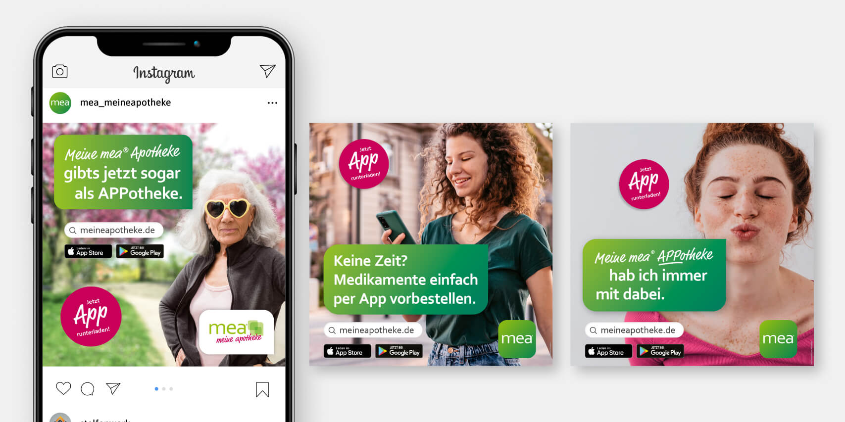 MeaSlides Mockup verschiedener Social Media Beiträge von mea